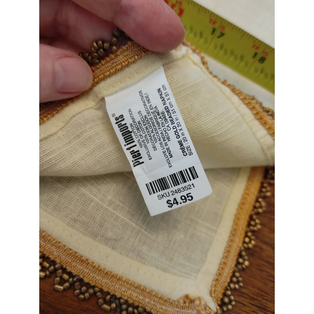 Pier 1 Imports 2pc (1 PAIR) Beaded Trim Napkins Tan Brown Edge LN